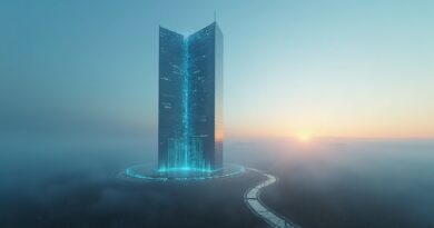 Świetliste centrum AI ze szkła i stali na mglistych polskich równinach.
