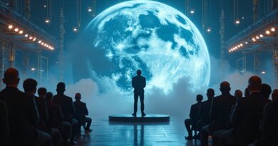 Jeff Bezos na scenie VivaTech, widmowi robotnicy i orbitująca fabryka w złotym świetle.