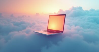 Luminous laptop floating in serene digital landscape, half amber warmth half blue cloud mist.
