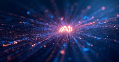 Abstrakcyjna grafika: symbol Perplexity AI łączy się z ikonami Microsoft 365 przez płynące strumienie danych w fioletowo-niebieskim gradiencie.