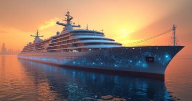 Futurystyczny port Abu Dhabi o zachodzie słońca, cyfrowe miasto-statek i algorytmiczni agenci.