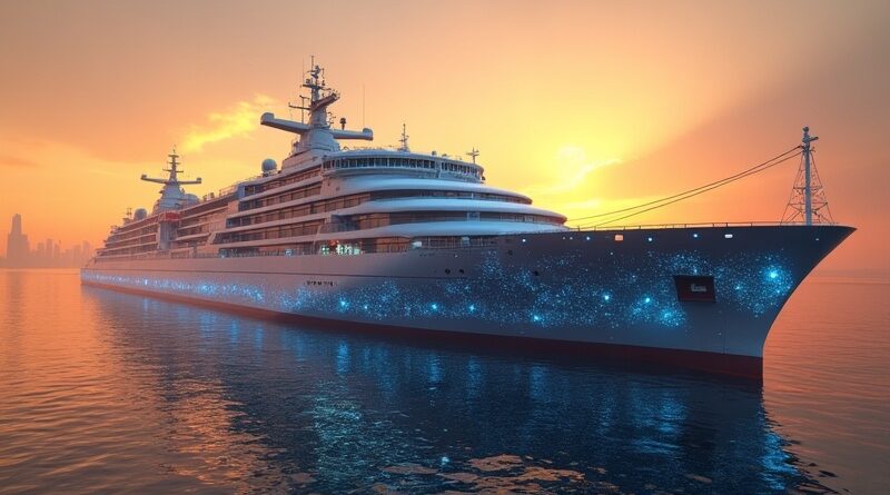 Futurystyczny port Abu Dhabi o zachodzie słońca, cyfrowe miasto-statek i algorytmiczni agenci.