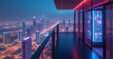 Dubaj nocą, neonowy cyberpunk spotyka luksus. Serwerownia AI w futurystycznym penthousie.
