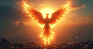 Luminous digital phoenix rising from broken chains over golden futuristic skyline