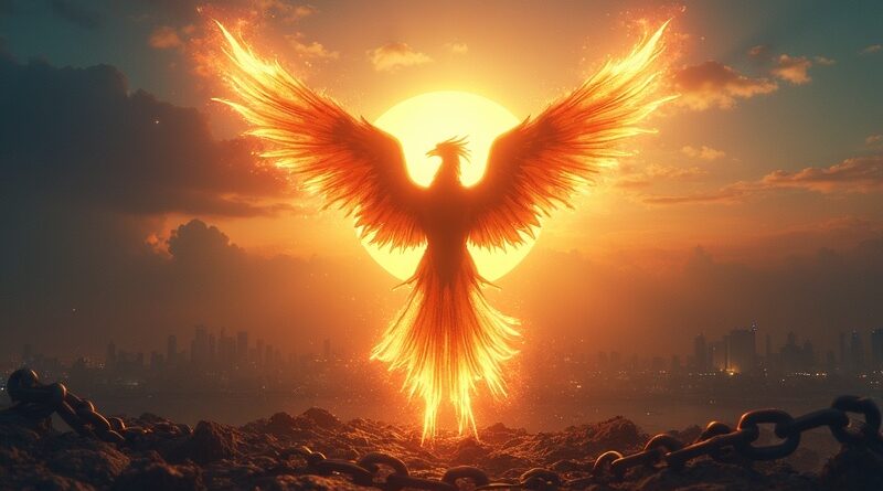Luminous digital phoenix rising from broken chains over golden futuristic skyline