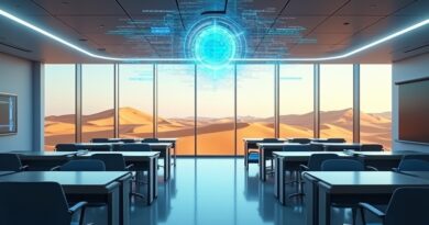 Futurystyczna sala lekcyjna w ZEA, nad biurkami hologramy AI, za oknami wydmy.