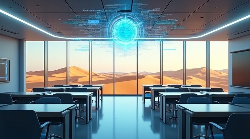 Futurystyczna sala lekcyjna w ZEA, nad biurkami hologramy AI, za oknami wydmy.