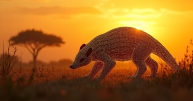 Pangolin z obwodów i pisma Shona na sawannie o świcie, symbol cyfrowej suwerenności Zimbabwe.