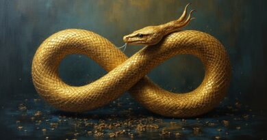 Złoty ouroboros w ciemnym akademickim tle, łuski z binarnego kodu.