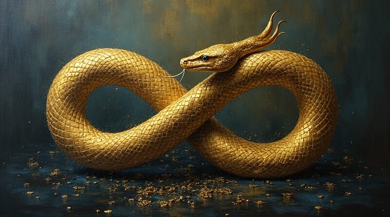 Złoty ouroboros w ciemnym akademickim tle, łuski z binarnego kodu.