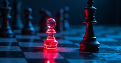 Szachownica z czerwonym pionkiem kontra niebieski rdzeń AI w cyjanowo-cynobrowym neonie