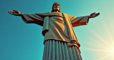 Posąg Chrystusa Odkupiciela jako karnawałowa maska z chińską porcelaną i obwodami.