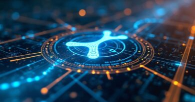 Autonomiczne agenty AI przesyłają XRP w niebiesko-złotych strumieniach danych.