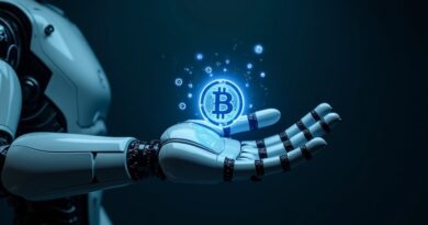 Humanoid robot z hologramem Bitcoina na dłoni, neonowe błękity i srebro.