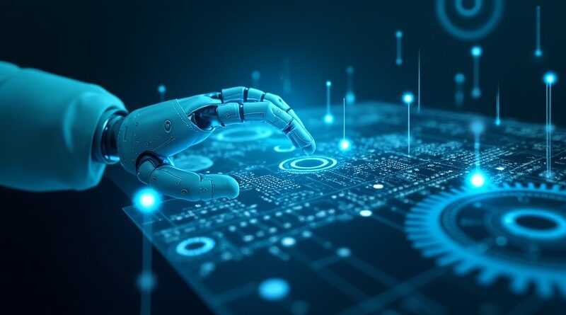 Świetlista robotyczna dłoń dotyka holograficznej mapy czasu 4D z trybikami i węzłami danych.