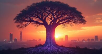 Afrykański baobab przekształca się w świetlistą sieć neuronową nad futurystycznym Kigali.