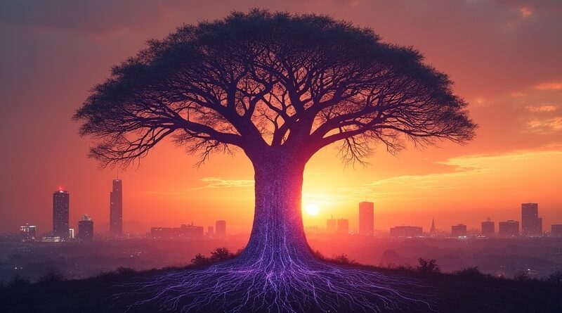 Afrykański baobab przekształca się w świetlistą sieć neuronową nad futurystycznym Kigali.