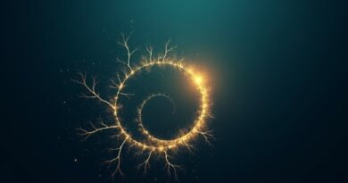 Luminous recursive code spiral tree, golden nodes, indigo teal gradient, futuristic AI self-improvement