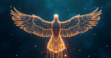 Luminous code bird soaring over glowing scaffold of light, indigo and gold