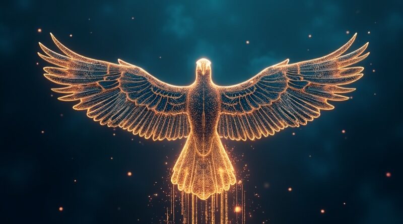 Luminous code bird soaring over glowing scaffold of light, indigo and gold