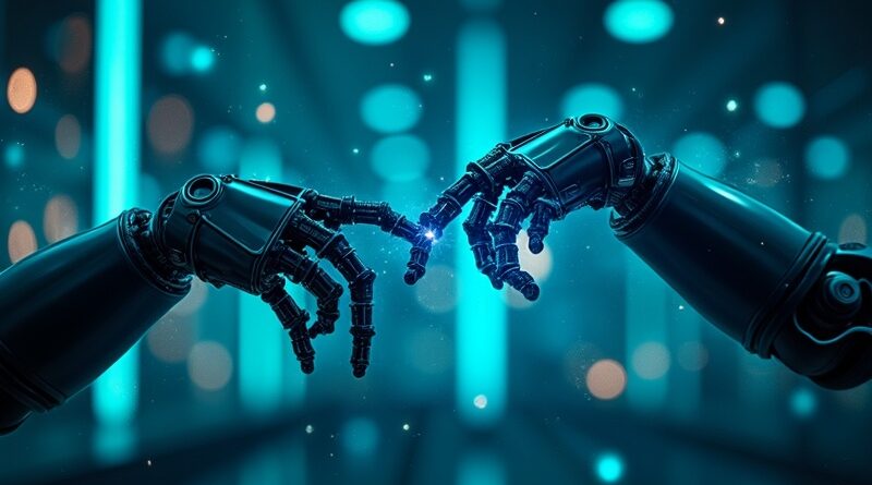 Autonomiczne ramiona robotyczne w neonowym laboratorium z cyjanowymi strumieniami danych.