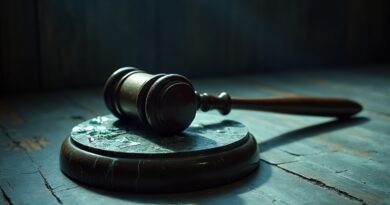 Rozbity gavel na popękanym marmurowym cokole, zimne sądowe światło.