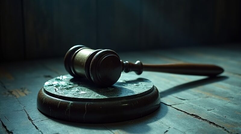 Rozbity gavel na popękanym marmurowym cokole, zimne sądowe światło.