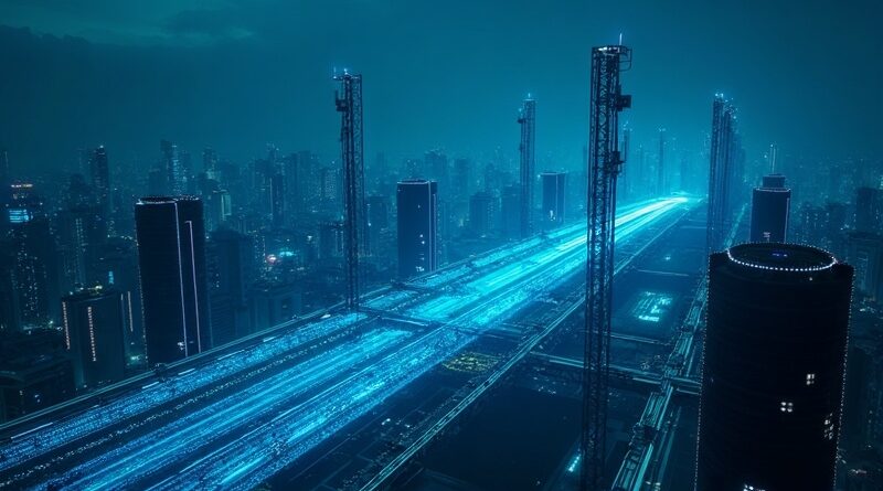 Neonowe niebieskie dane płyną przez opuszczoną metaliczną metropolię nocą.
