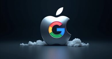 Futurystyczne hybrydowe logo Apple-Google, srebrne jabłko, kolorowe litery, ciemne tło z chmurami serwerów, chłodny nastrój