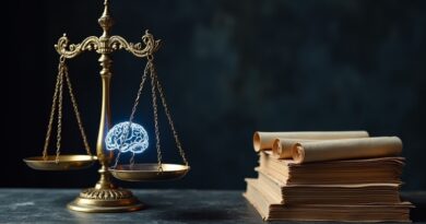 Antyczna waga z AI i arabskimi zwojami prawniczymi w ciemnej bibliotece