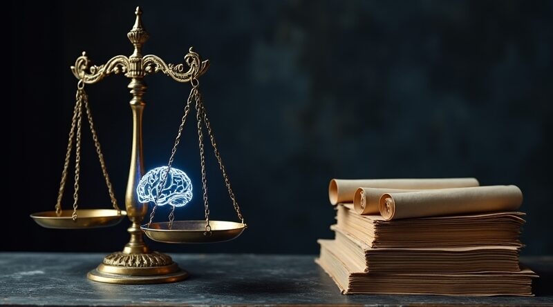 Antyczna waga z AI i arabskimi zwojami prawniczymi w ciemnej bibliotece