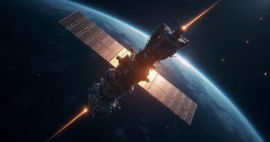 Świecący klaster satelitów Starmind połączonych laserami na orbicie.