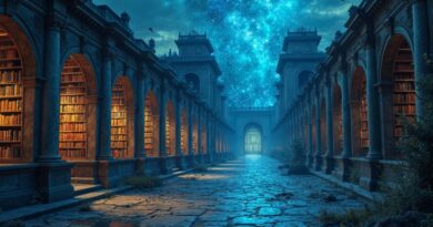 Starożytna kamienna biblioteka rozpływa się w neonowo-błękitny strumień danych.