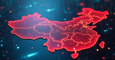 Futurystyczna mapa Chin i Iranu, czerwone sieci, logo Mythos, cyberpunkowy deszcz.