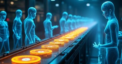 Futurystyczna fabryka AI produkuje świecące tokeny na taśmie, otoczona widmowymi agentami w neonowym błękicie i złocie.
