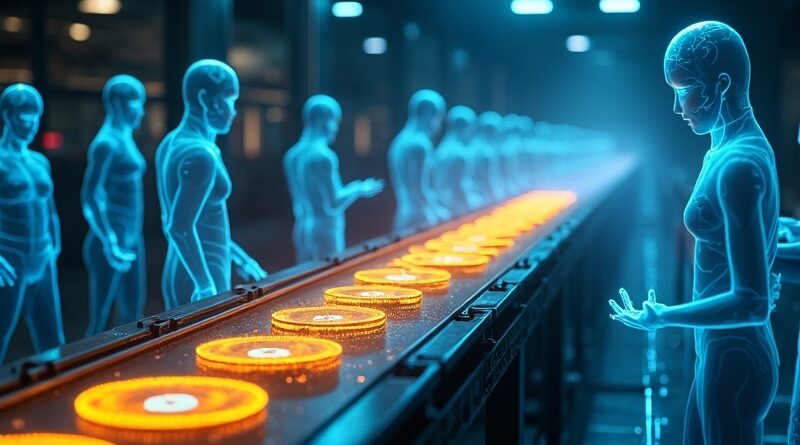 Futurystyczna fabryka AI produkuje świecące tokeny na taśmie, otoczona widmowymi agentami w neonowym błękicie i złocie.