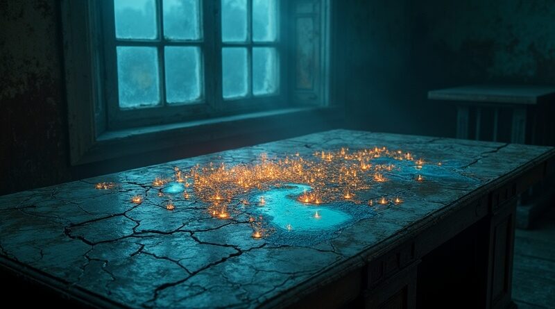 Glowing blue water waves and hurricane spiral over pixel grid insurance map. Teal and deep blue palette.