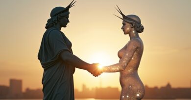 Marmurowa Lady Liberty ściska dłoń holograficznej AI w złotej godzinie, subtelne refleksy flagi USA.