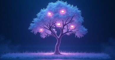 Surrealne drzewo katalogów z neonowym, niebiesko-fioletowym blaskiem, reprezentujące framework Eve Vercel.