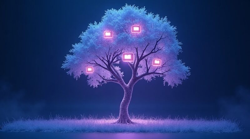 Surrealne drzewo katalogów z neonowym, niebiesko-fioletowym blaskiem, reprezentujące framework Eve Vercel.