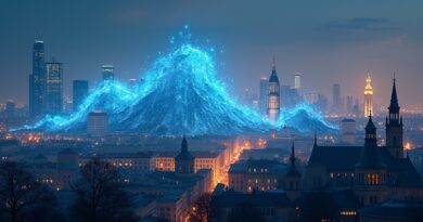 Błękitno-złota fala audio nad historyczną panoramą Warszawy, elementy laboratorium R&D.