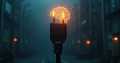 Ogromna wtyczka z obwodami zasłania hologram mózgu AI.