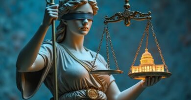 Marmurowa Lady Justice z cyfrowymi wagami: mózg AI i Kapitol, zerwane łańcuchy.