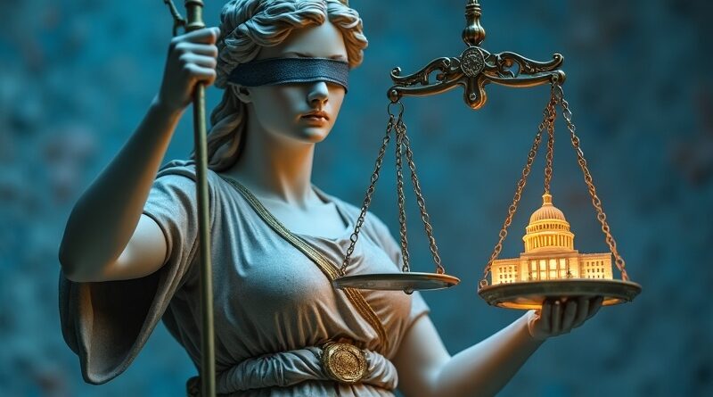 Marmurowa Lady Justice z cyfrowymi wagami: mózg AI i Kapitol, zerwane łańcuchy.