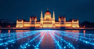 Cyfrowy węgierski parlament z niebieskimi liniami i strumieniami danych w kierunku złotego horyzontu.