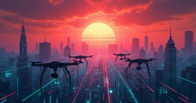 Cyfrowe pole bitwy, rój dronów w sieci danych, sylwetki na tle ognistego nieba.
