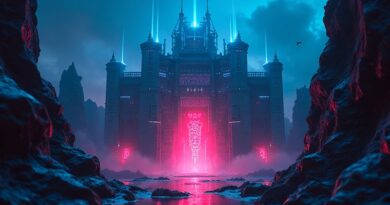 Cyberpunkowa forteca z kodu neonowego oblężona przez metaliczne agenty AI.