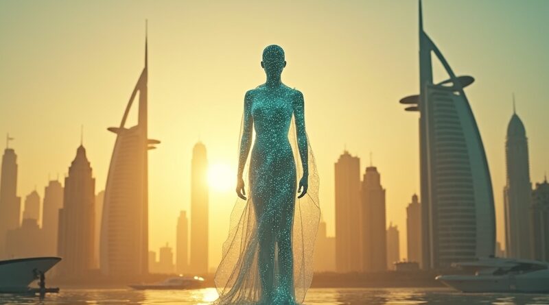 Futurystyczna panorama Dubaju o złotej godzinie, przezroczysty agent AI z danych przed budynkami rządowymi.