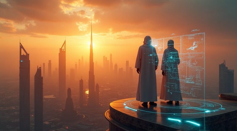 Panorama futurystycznego Abu Zabi o zachodzie słońca, holograficzni agenci AI strzegą cyfrowego nieba.