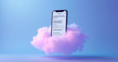 Minimalistyczny smartfon w świetlistej chmurze z czatem iMessage.